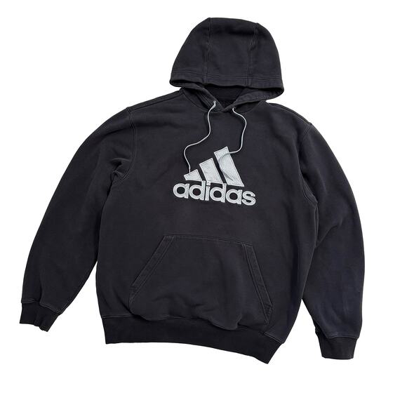 2000s Adidas Embroidered Logo Hoodie Sweatshirt Streetwear Faded Black | Size L - Picture 1 of 8